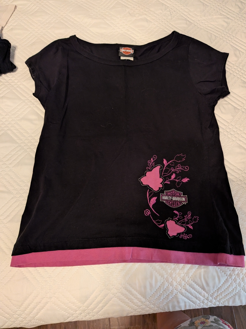Harley-Davidson Black Tee with Pink Floral Logo and Hem